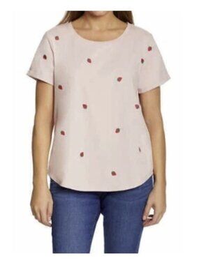 New Vintage America Women's Tee Strawberries Embroidered Top Pink Size L